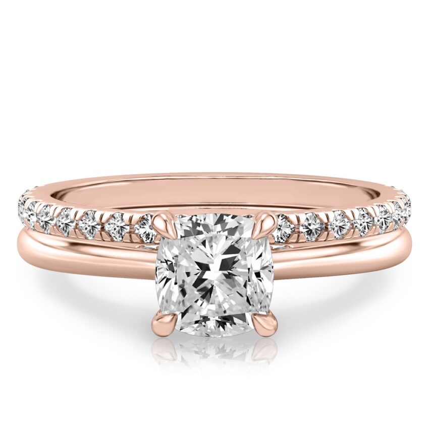 cushion cut diamond pave bridge engagement ring set rose gold