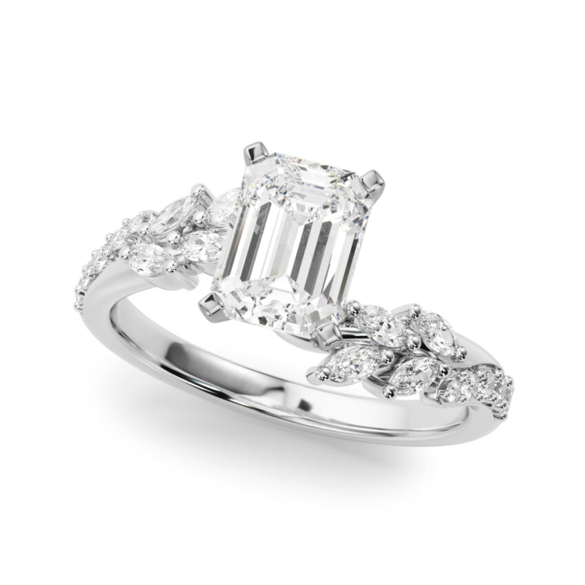 Angle view of emerald cut diamond bypass nature inspired engagement ring in palladium
