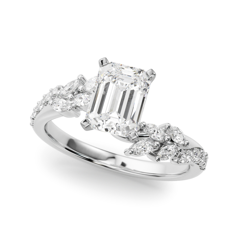 Angle view of emerald cut diamond bypass nature inspired engagement ring in palladium