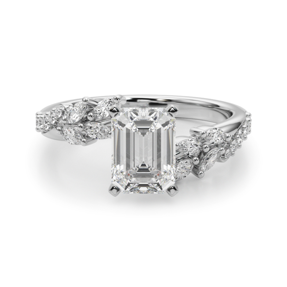 emerald cut diamond bypass nature inspired engagement ring in platinum
