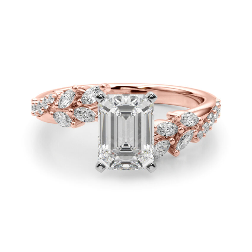 emerald cut diamond bypass nature inspired engagement ring in rose gold