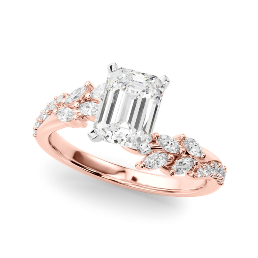Angle view of emerald cut diamond bypass nature inspired engagement ring in rose gold