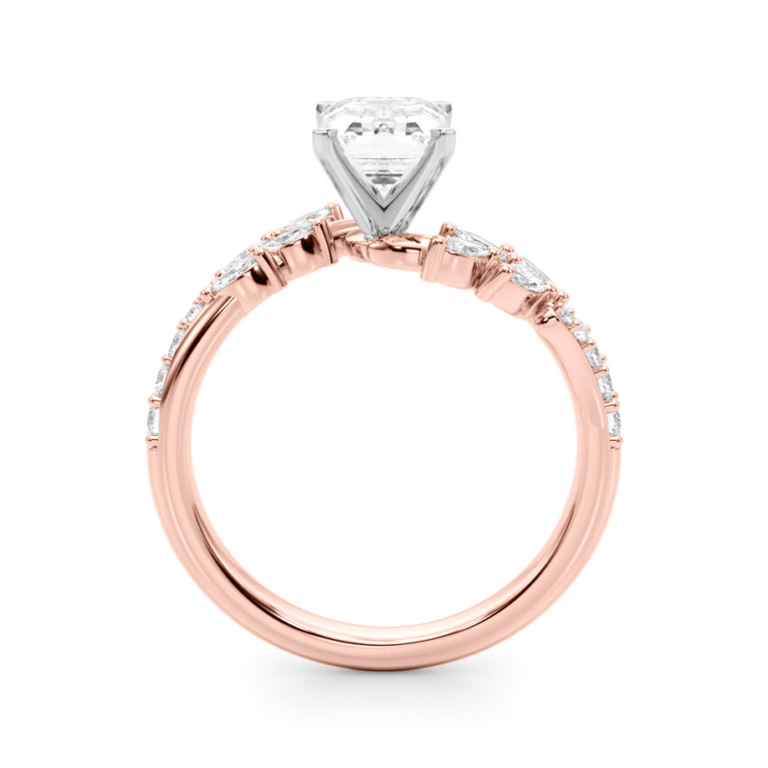 Side view of emerald cut diamond bypass nature inspired engagement ring in rose gold