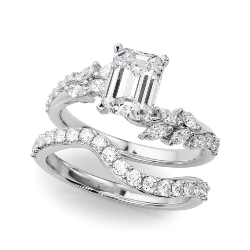 emerald cut diamond bypass nature inspired engagement ring set white gold