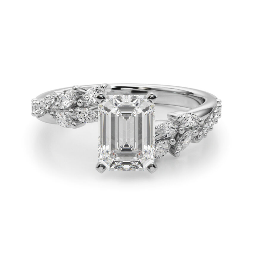 emerald cut diamond bypass nature inspired engagement ring in white gold
