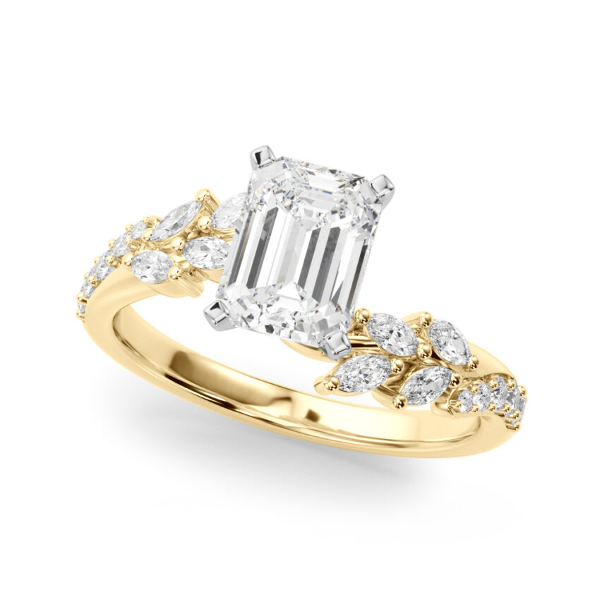 Angle view of emerald cut diamond bypass nature inspired engagement ring in yellow gold