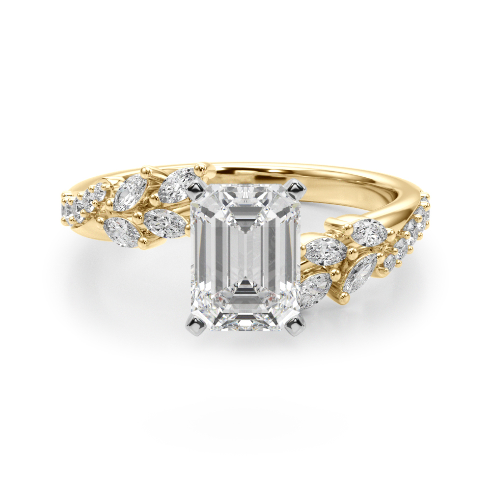 emerald cut diamond bypass nature inspired engagement ring in yellow gold