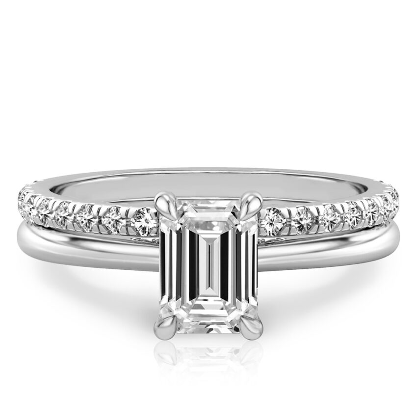 emerald cut diamond pave bridge engagement ring set white gold