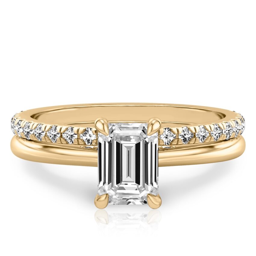 emerald cut diamond pave bridge engagement ring set yellow gold