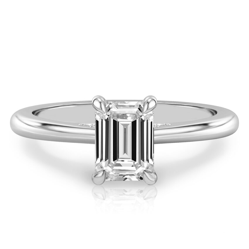 emerald cut diamond pave bridge engagement ring in white gold