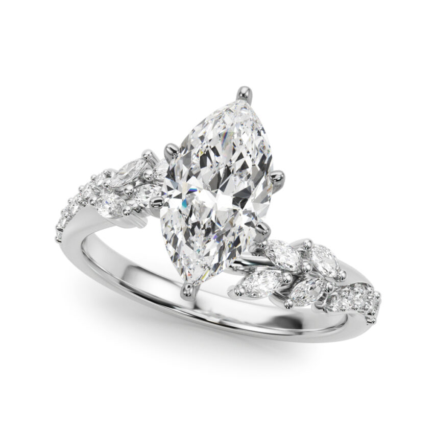 Angle view of marquise cut diamond bypass nature inspired engagement ring in platinum