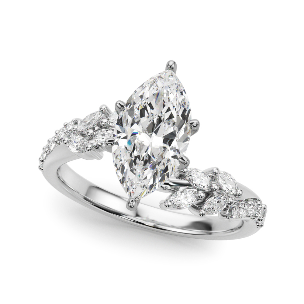 Angle view of marquise cut diamond bypass nature inspired engagement ring in platinum