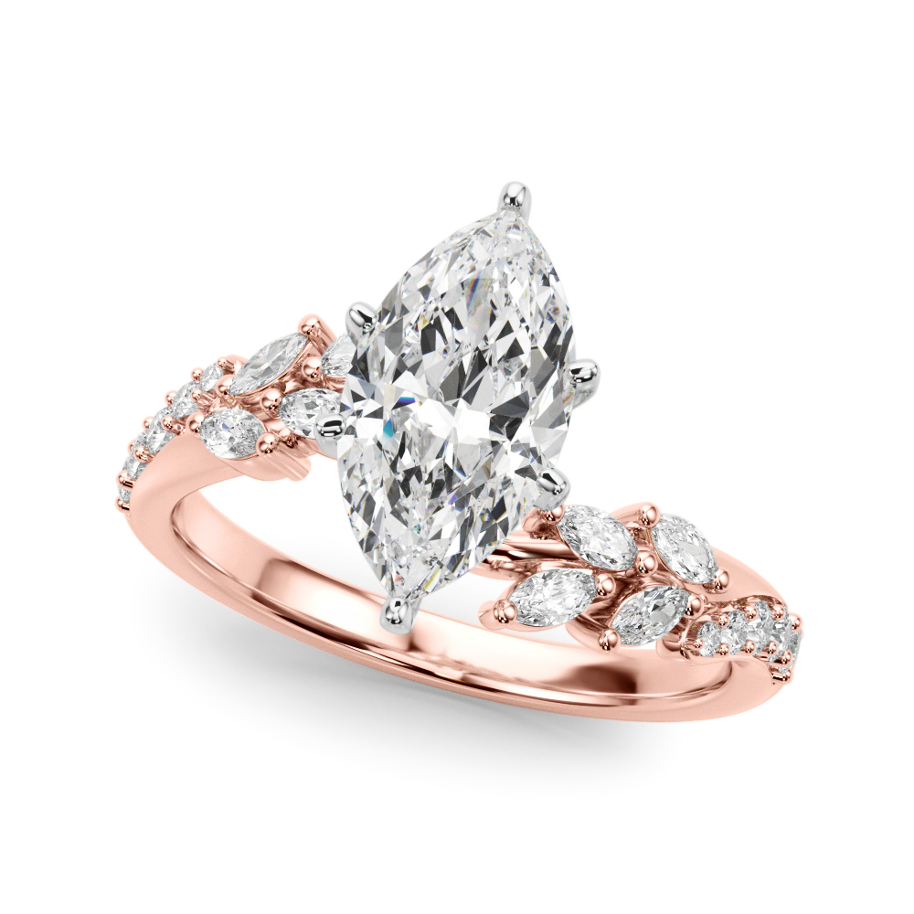 Angle view of marquise cut diamond bypass nature inspired engagement ring in rose gold