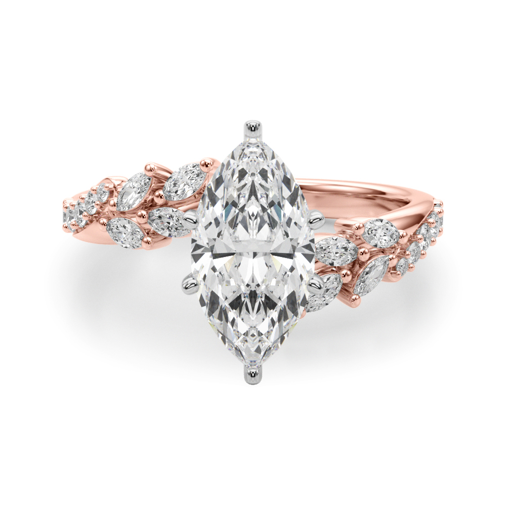 marquise cut diamond bypass nature inspired engagement ring in rose gold