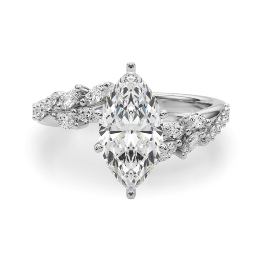 marquise cut diamond bypass nature inspired engagement ring in white gold