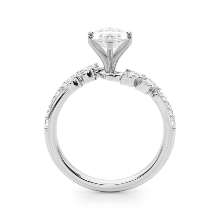 Side view of marquise cut diamond bypass nature inspired engagement ring in white gold