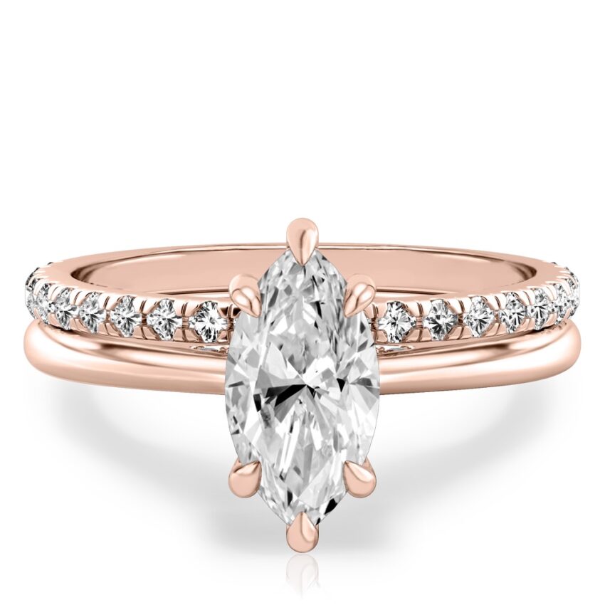 marquise cut diamond pave bridge engagement ring set rose gold