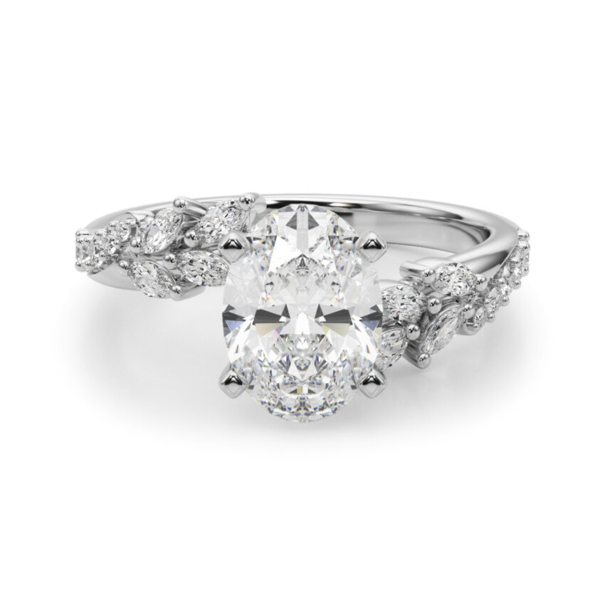 oval cut diamond bypass nature inspired engagement ring in platinum