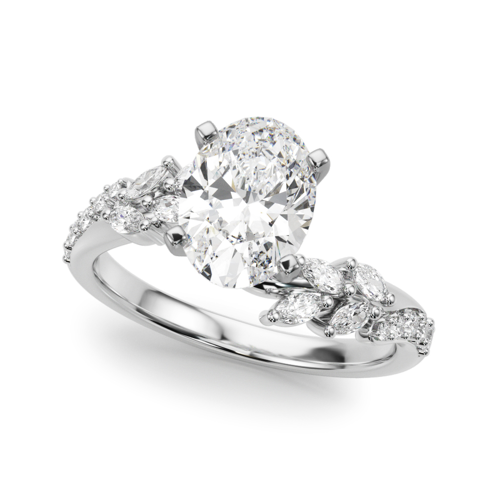 Angle view of oval cut diamond bypass nature inspired engagement ring in platinum
