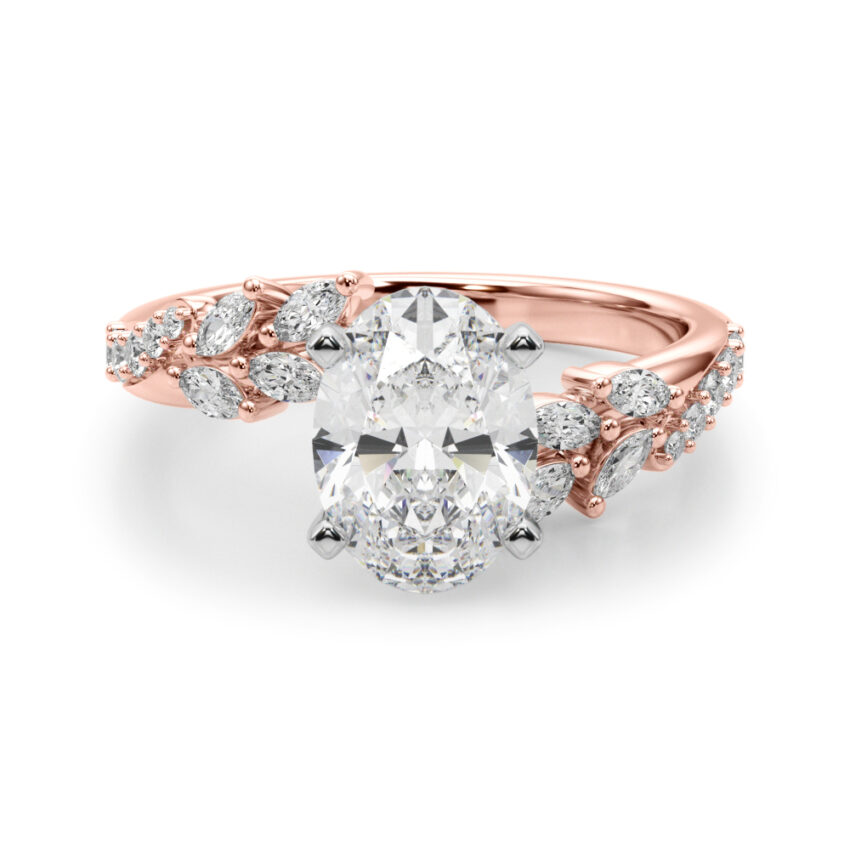 oval cut diamond bypass nature inspired engagement ring in rose gold