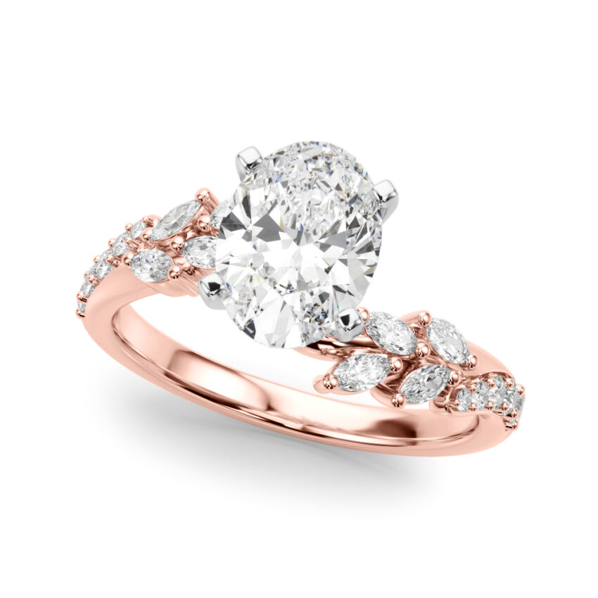 Angle view of oval cut diamond bypass nature inspired engagement ring in rose gold