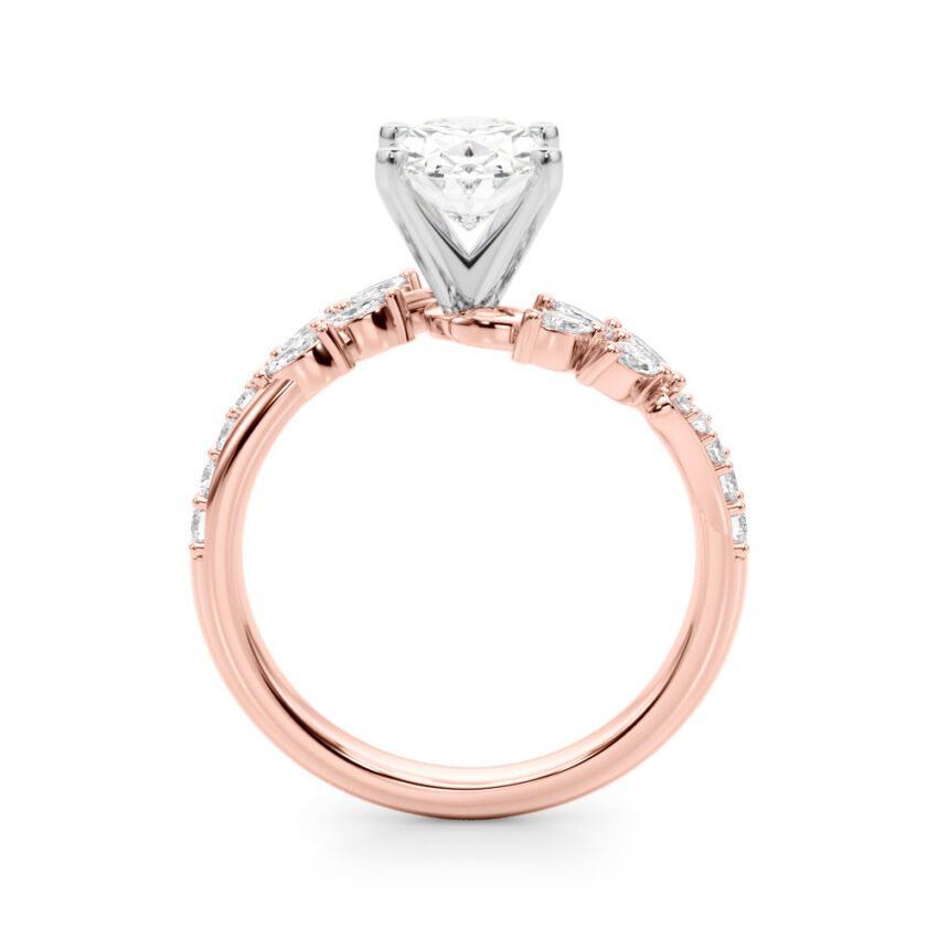 Side view of oval cut diamond bypass nature inspired engagement ring in rose gold