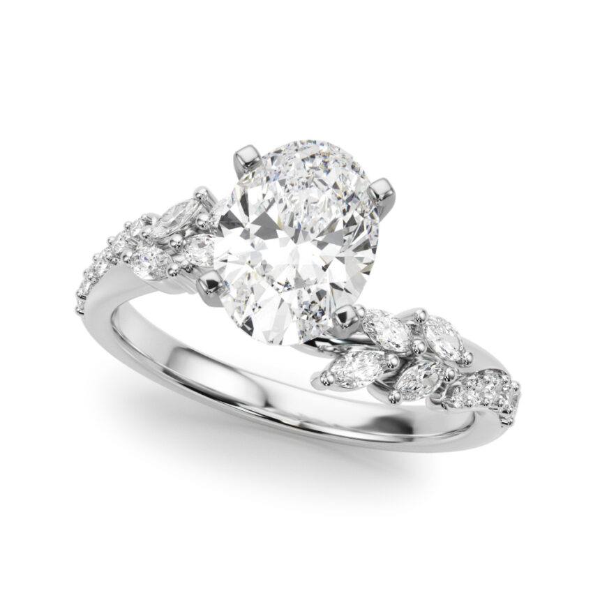 Angle view of oval cut diamond bypass nature inspired engagement ring in white gold