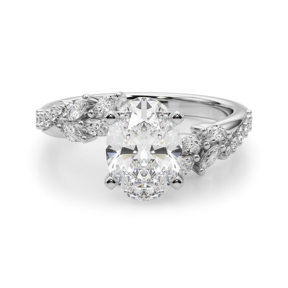oval cut diamond bypass nature inspired engagement ring in white gold