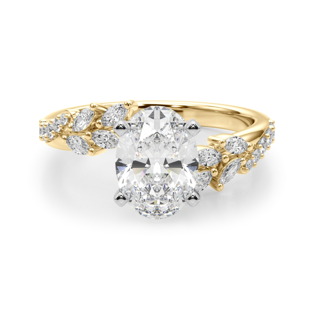 oval cut diamond bypass nature inspired engagement ring in yellow gold