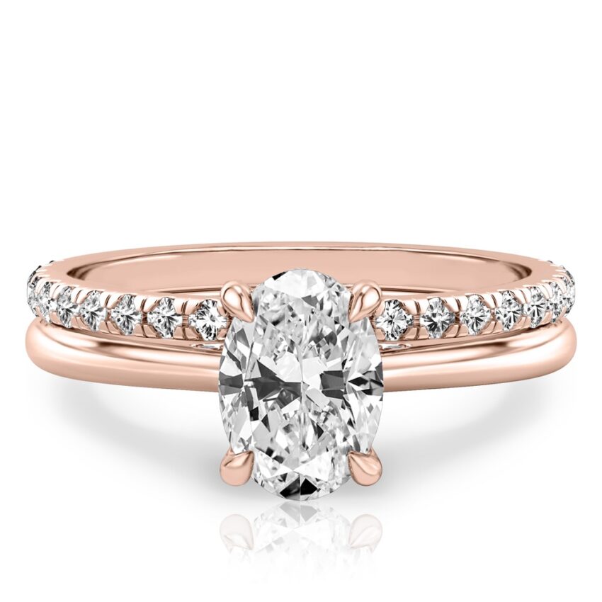oval cut diamond pave bridge engagement ring set rose gold