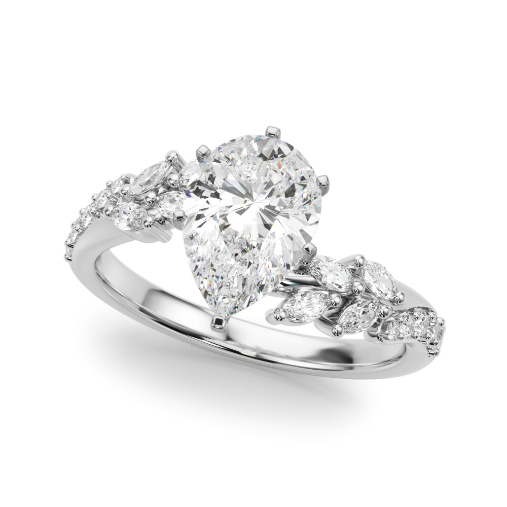 Angle view of pear cut diamond bypass nature inspired engagement ring in palladium