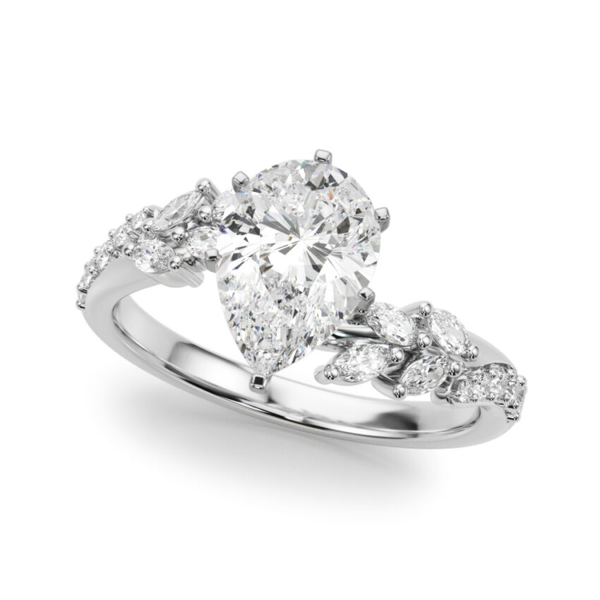 Angle view of pear cut diamond bypass nature inspired engagement ring in platinum