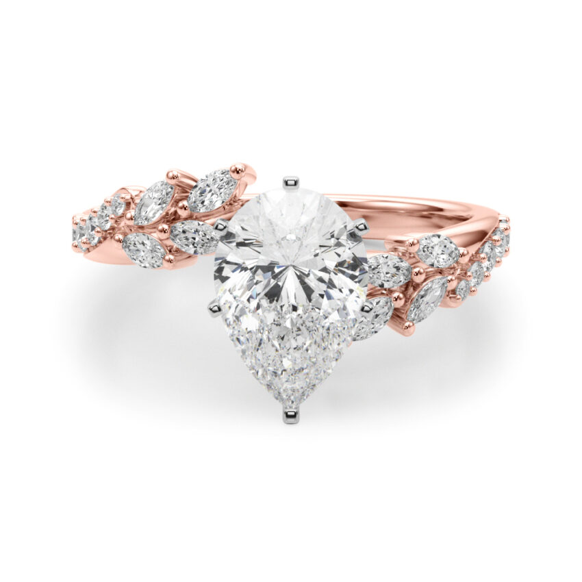 pear cut diamond bypass nature inspired engagement ring in rose gold