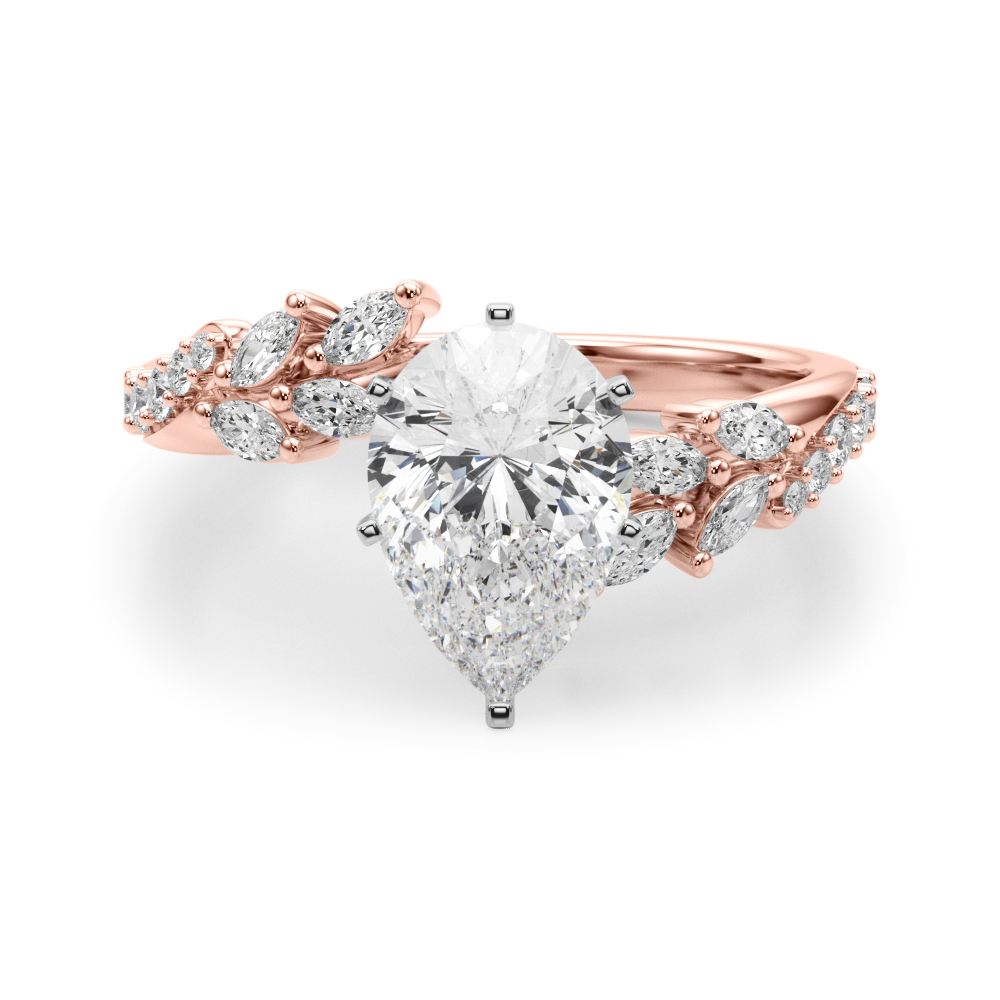 pear cut diamond bypass nature inspired engagement ring in rose gold