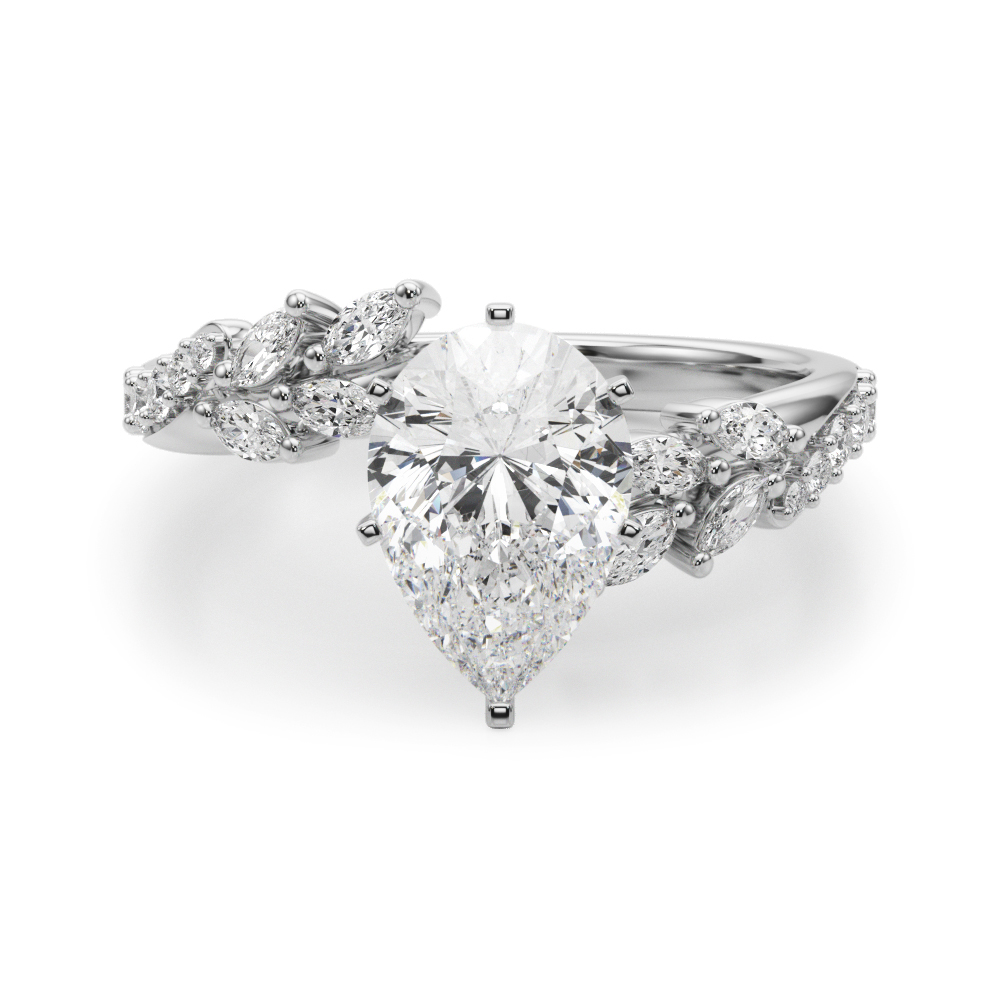 pear cut diamond bypass nature inspired engagement ring in white gold