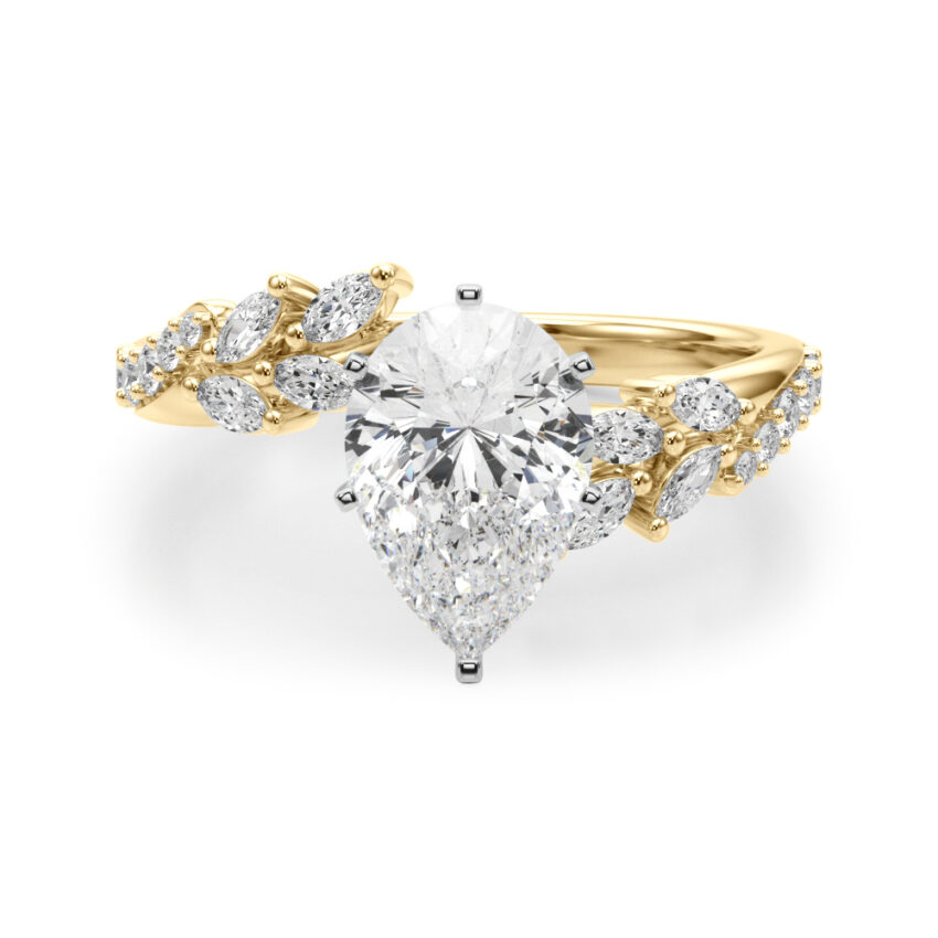 pear cut diamond bypass nature inspired engagement ring in yellow gold