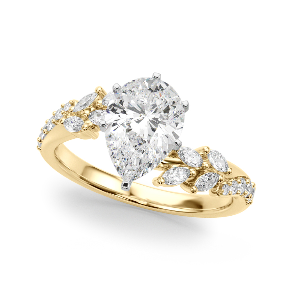 Angle view of pear cut diamond bypass nature inspired engagement ring in yellow gold