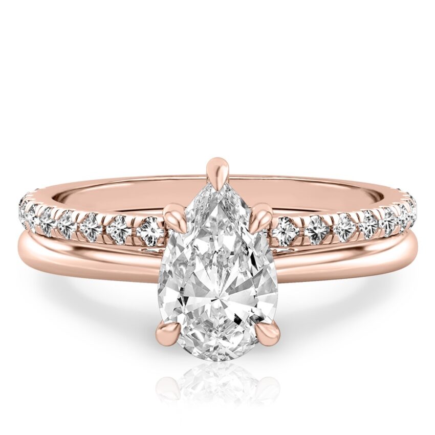 pear shape diamond pave bridge engagement ring set rose gold