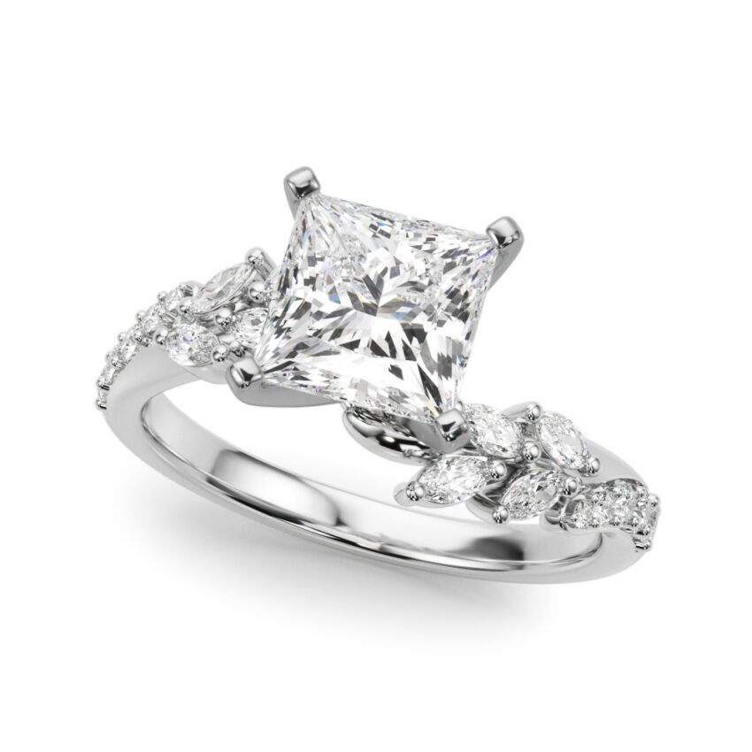 Angle view of princess cut diamond bypass nature inspired engagement ring in palladium