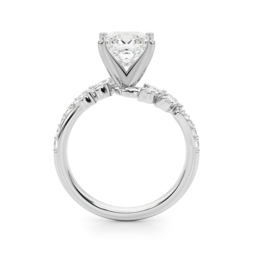 Side view of princess cut diamond bypass nature inspired engagement ring in palladium