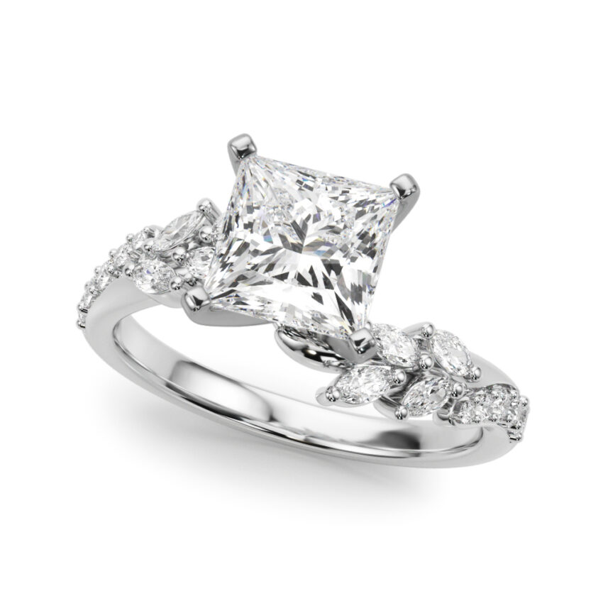 Angle view of princess cut diamond bypass nature inspired engagement ring in platinum