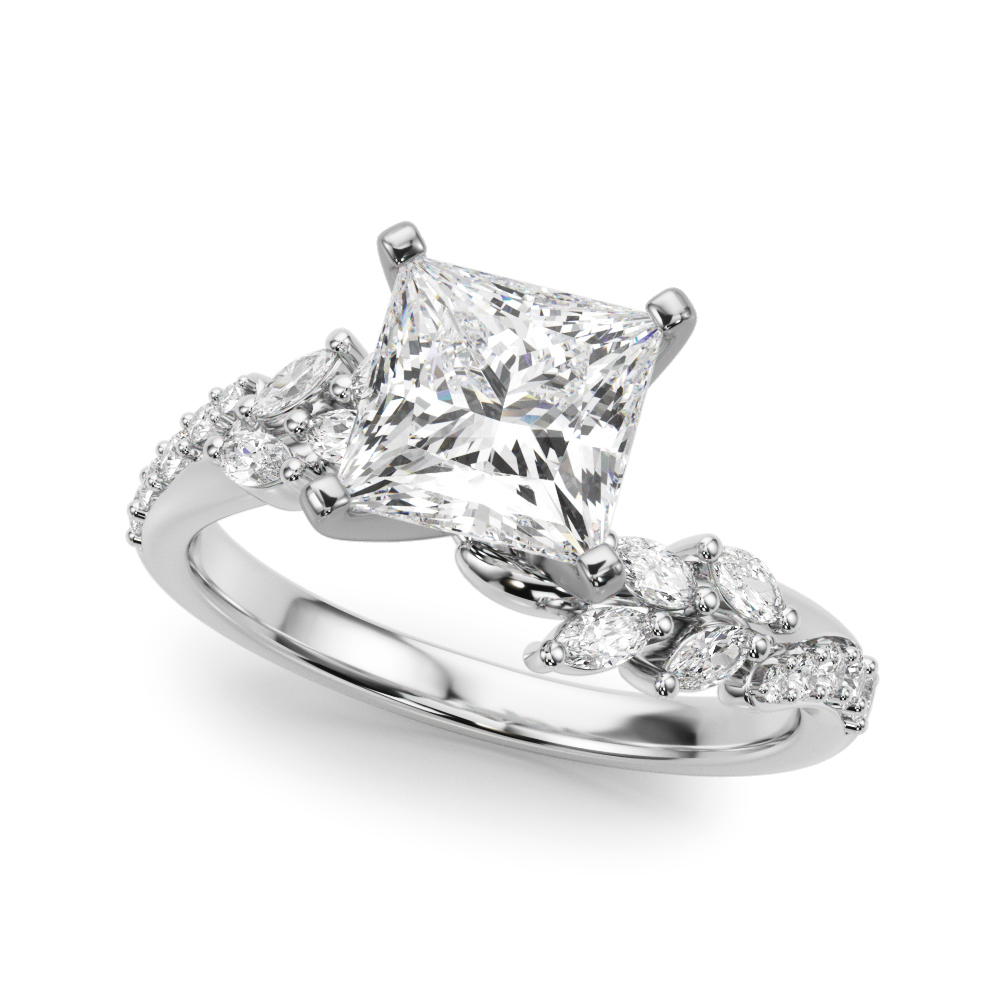Angle view of princess cut diamond bypass nature inspired engagement ring in platinum