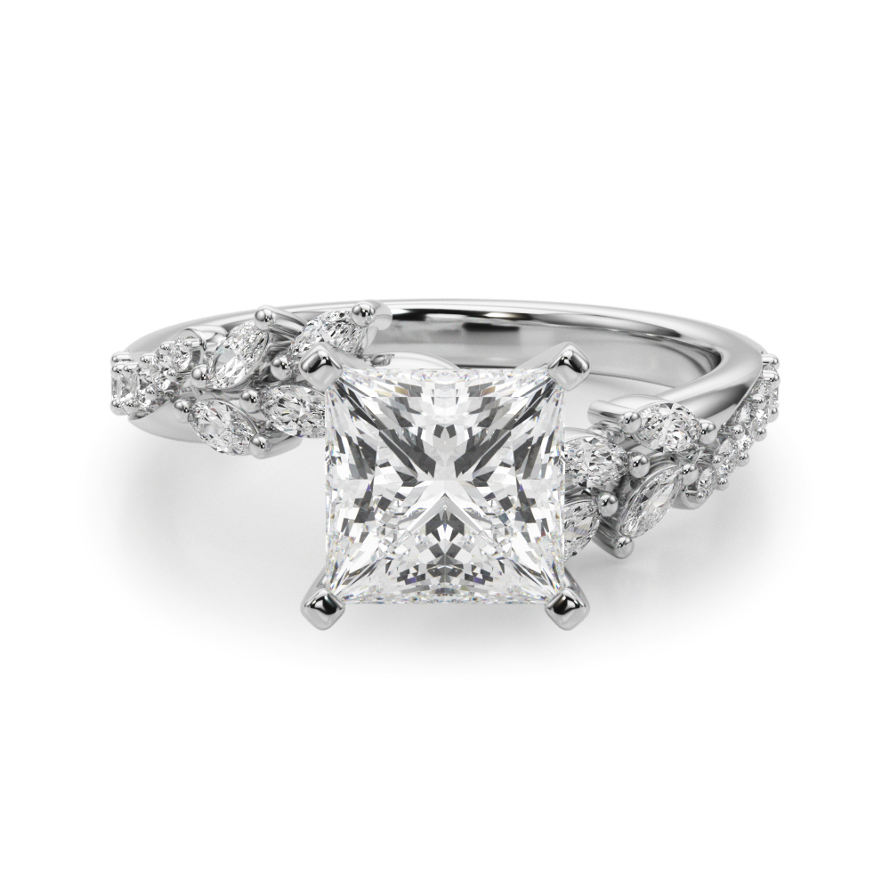princess cut diamond bypass nature inspired engagement ring in platinum
