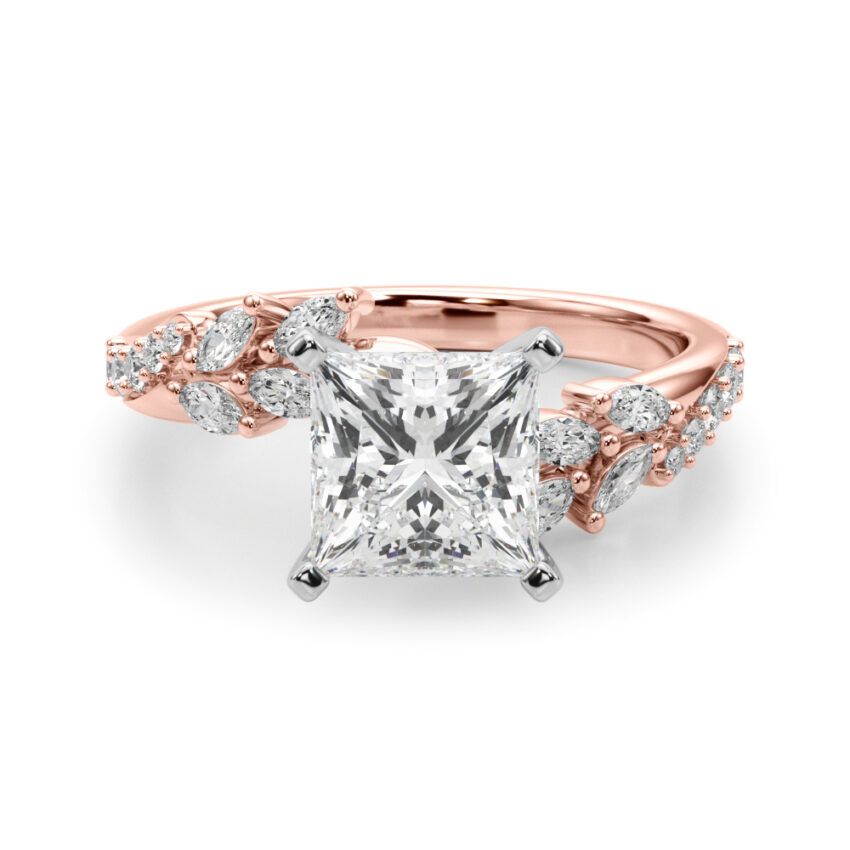 princess cut diamond bypass nature inspired engagement ring in rose gold