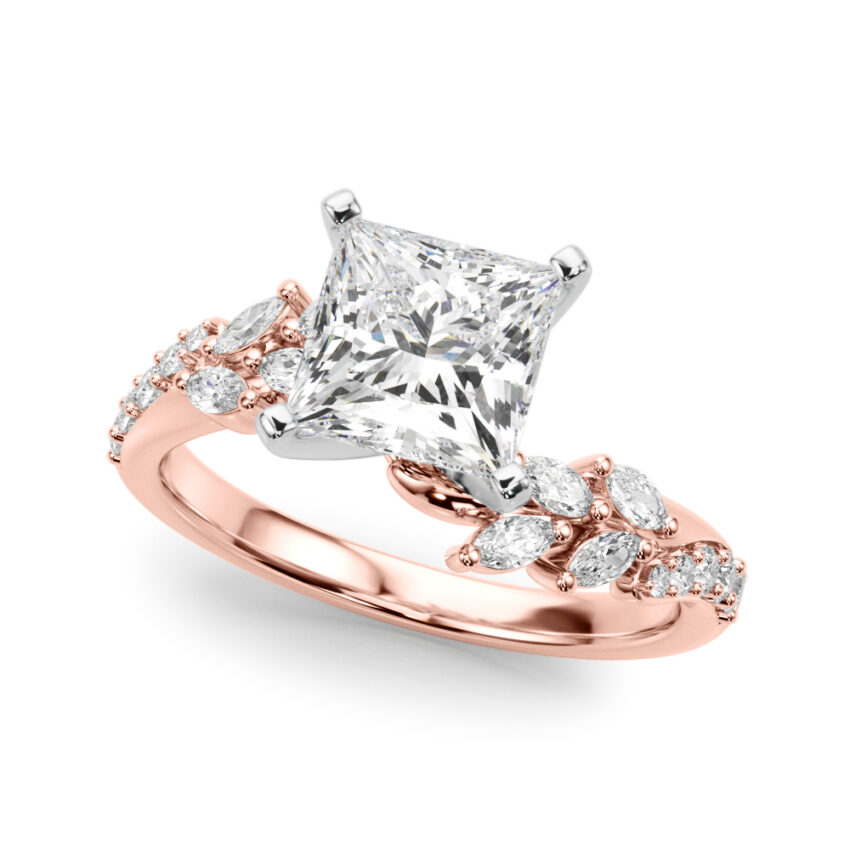 Angle view of princess cut diamond bypass nature inspired engagement ring in rose gold