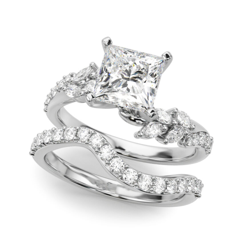 princess cut diamond bypass nature inspired engagement ring set platinum