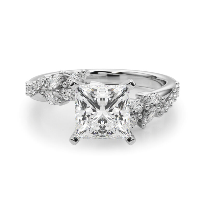 princess cut diamond bypass nature inspired engagement ring in white gold
