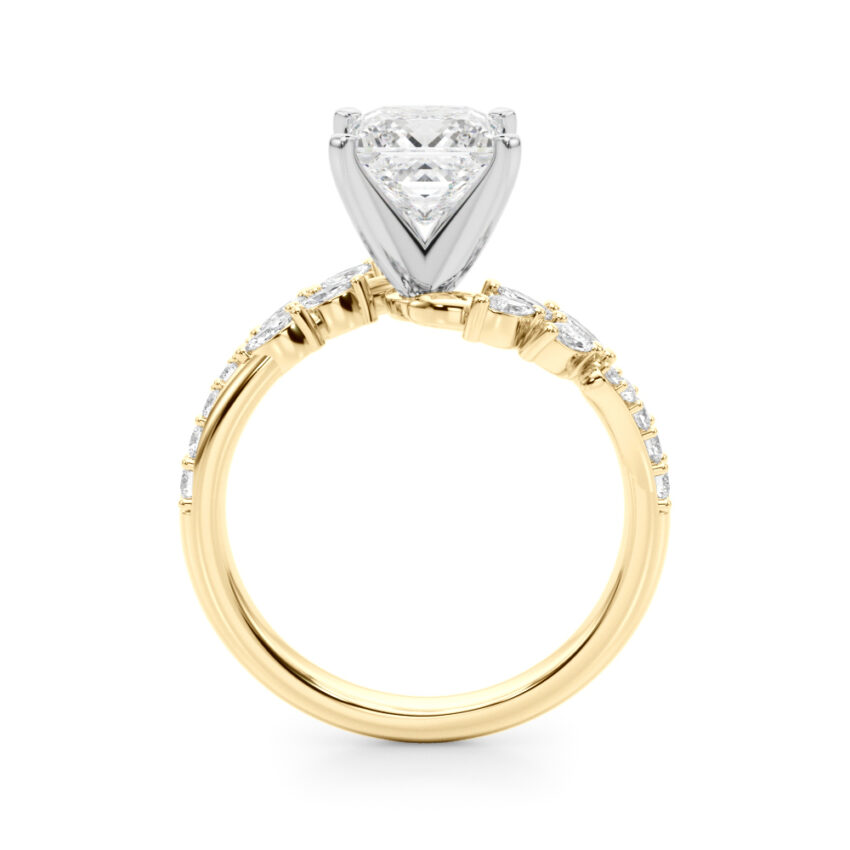 Side view of princess cut diamond bypass nature inspired engagement ring in yellow gold