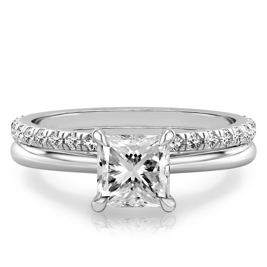 princess cut diamond pave bridge engagement ring set platinum