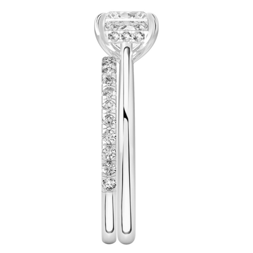 Side view of princess cut diamond pave bridge engagement ring set platinum